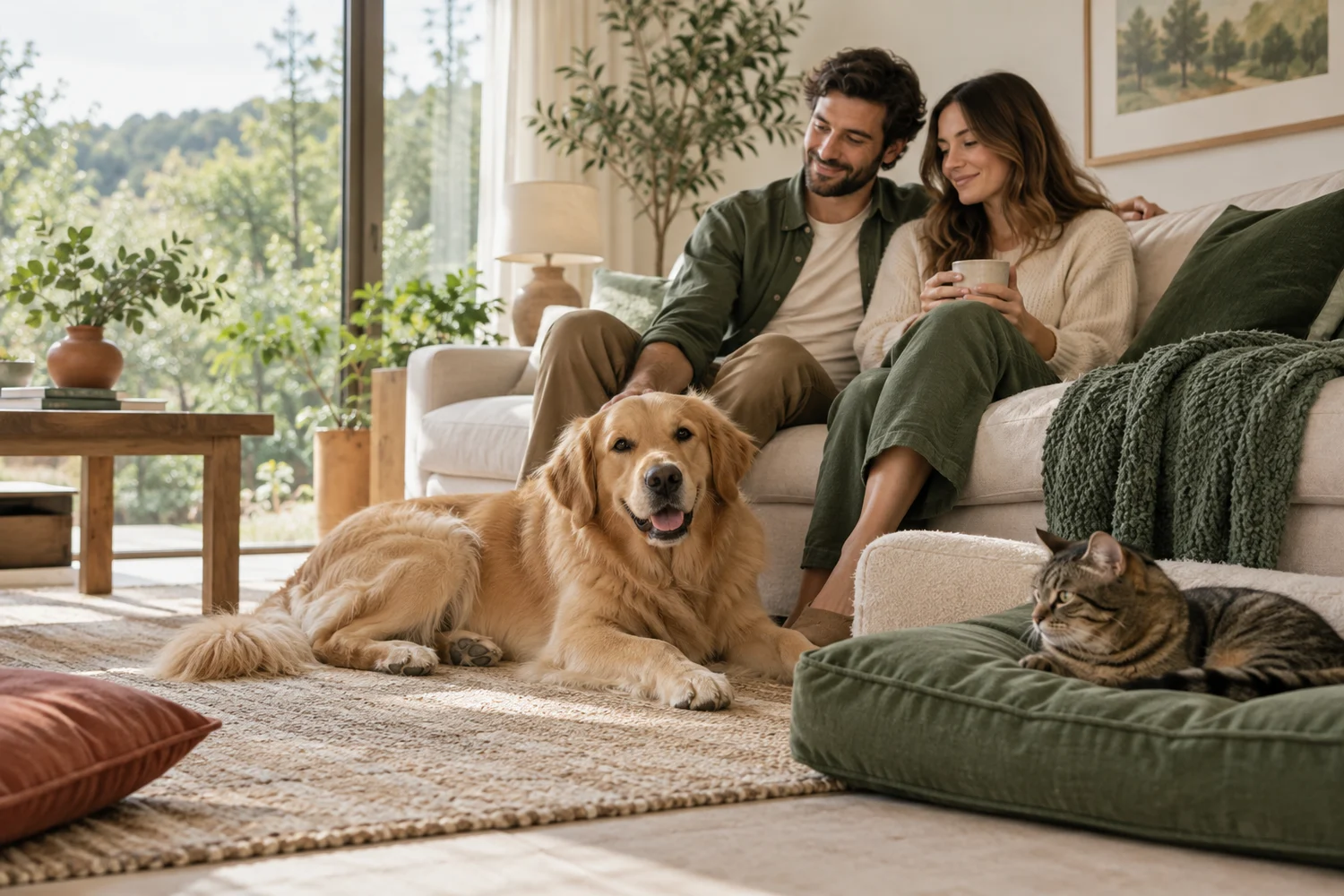 Um cão e um gato descansam perto dos seus tutores, cada um no seu espaço