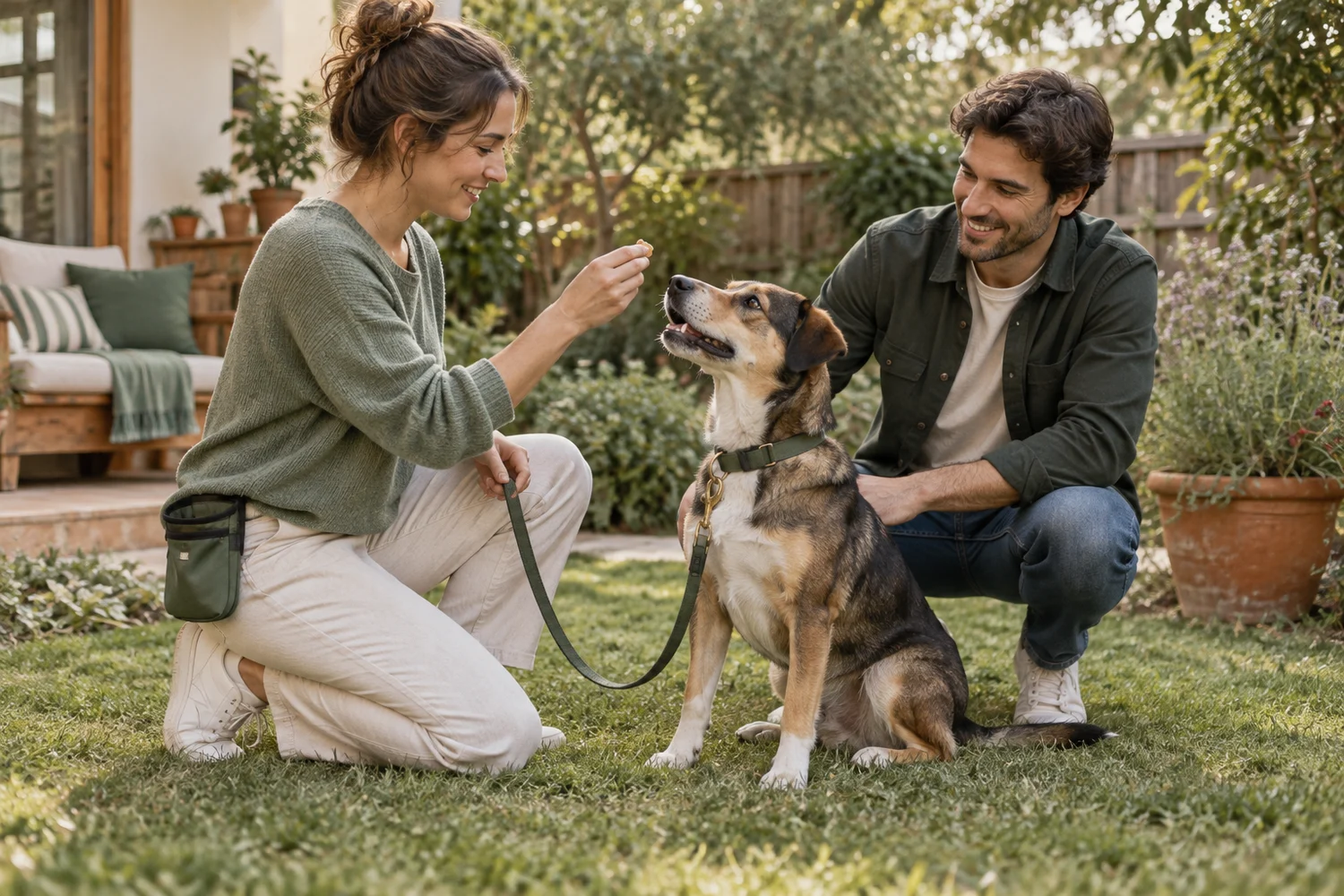 Um cuidador e uma tutora acompanham um cão num exercício tranquilo