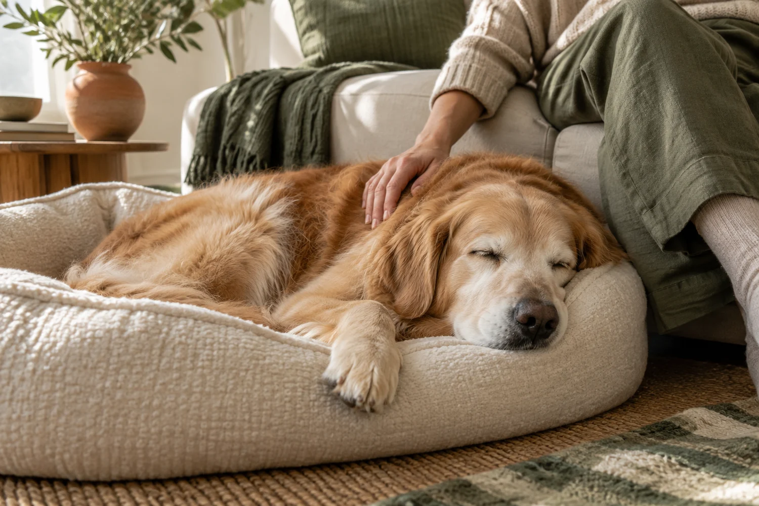 Um cão descansa numa cama confortável junto à sua tutora