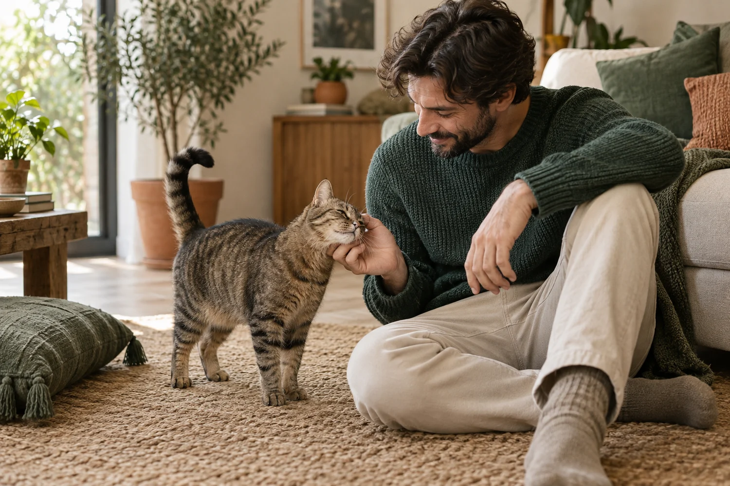 Um gato aproxima-se voluntariamente do seu tutor